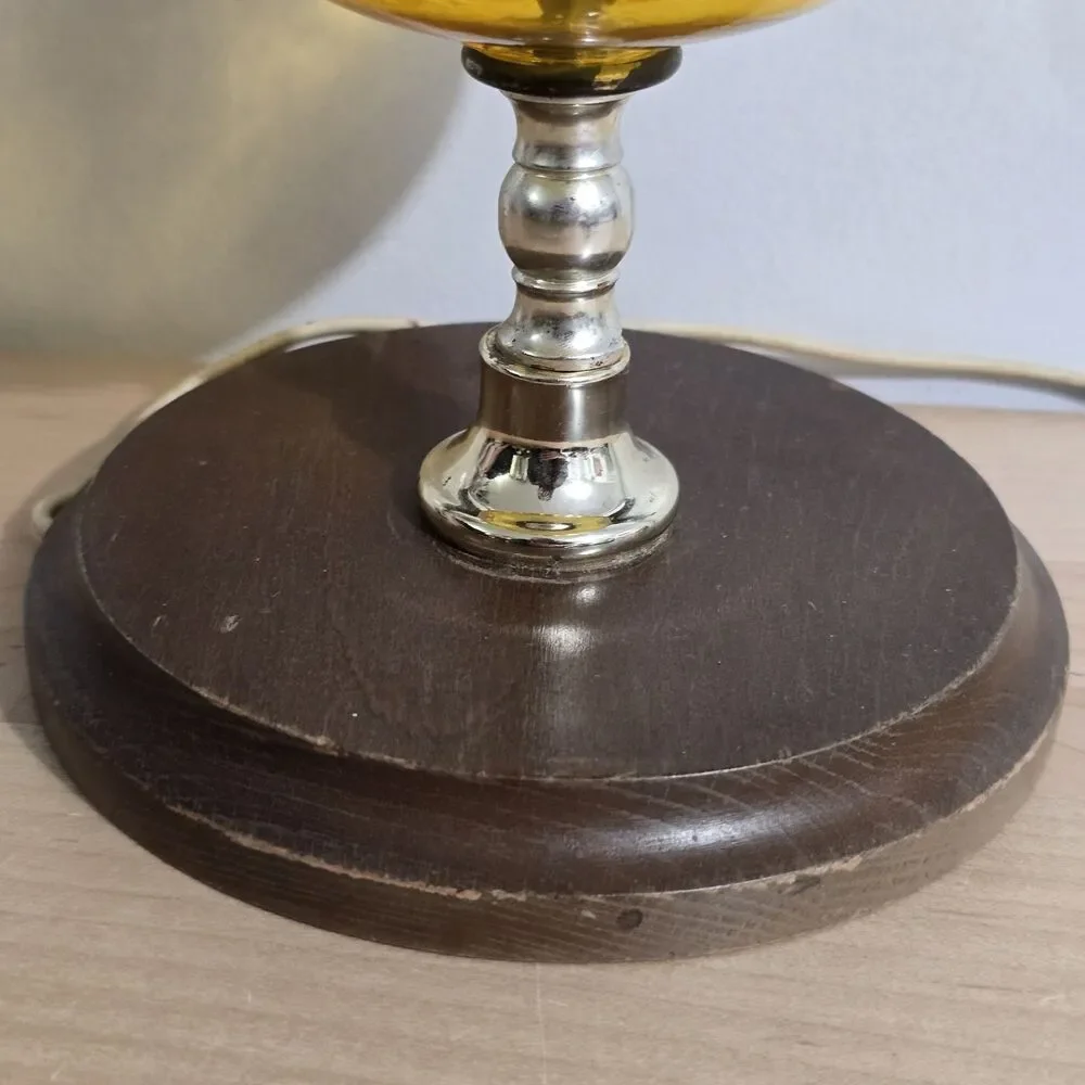 Vintage - Table Lamp - Amber Glass - Wood Base - Silvertone Post